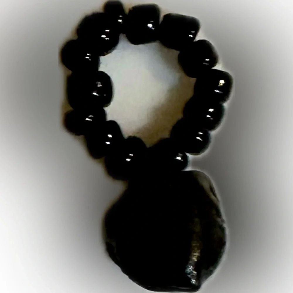 VTG BLACK BELL BEADED RING CHARM HALLOWEEN JEWELRY HANG ON NECKLACE CORD .25”